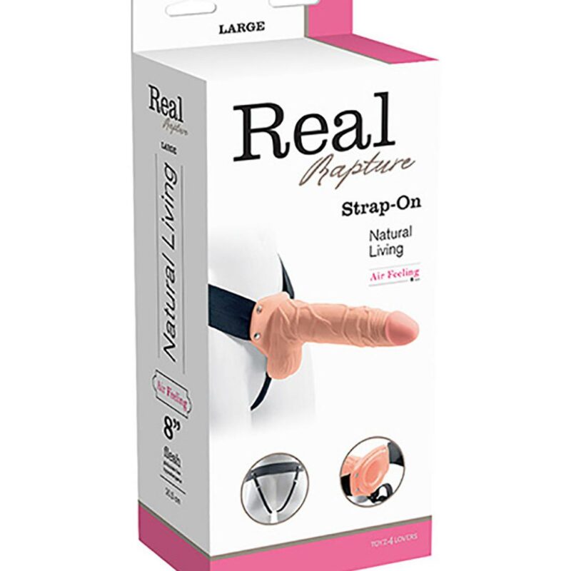 Strap-on diržas su dildo „Real Rapture“ 8" (kūno spalvos, su sėklidėmis)