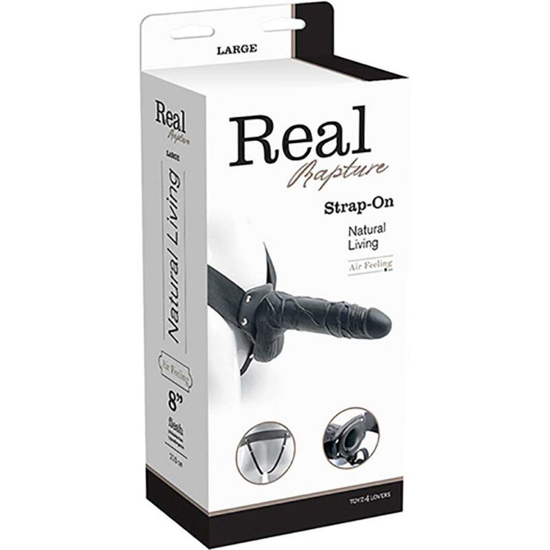 Strap-on diržas su dildo „Real Rapture“ 8" (juodas, su sėklidėmis)