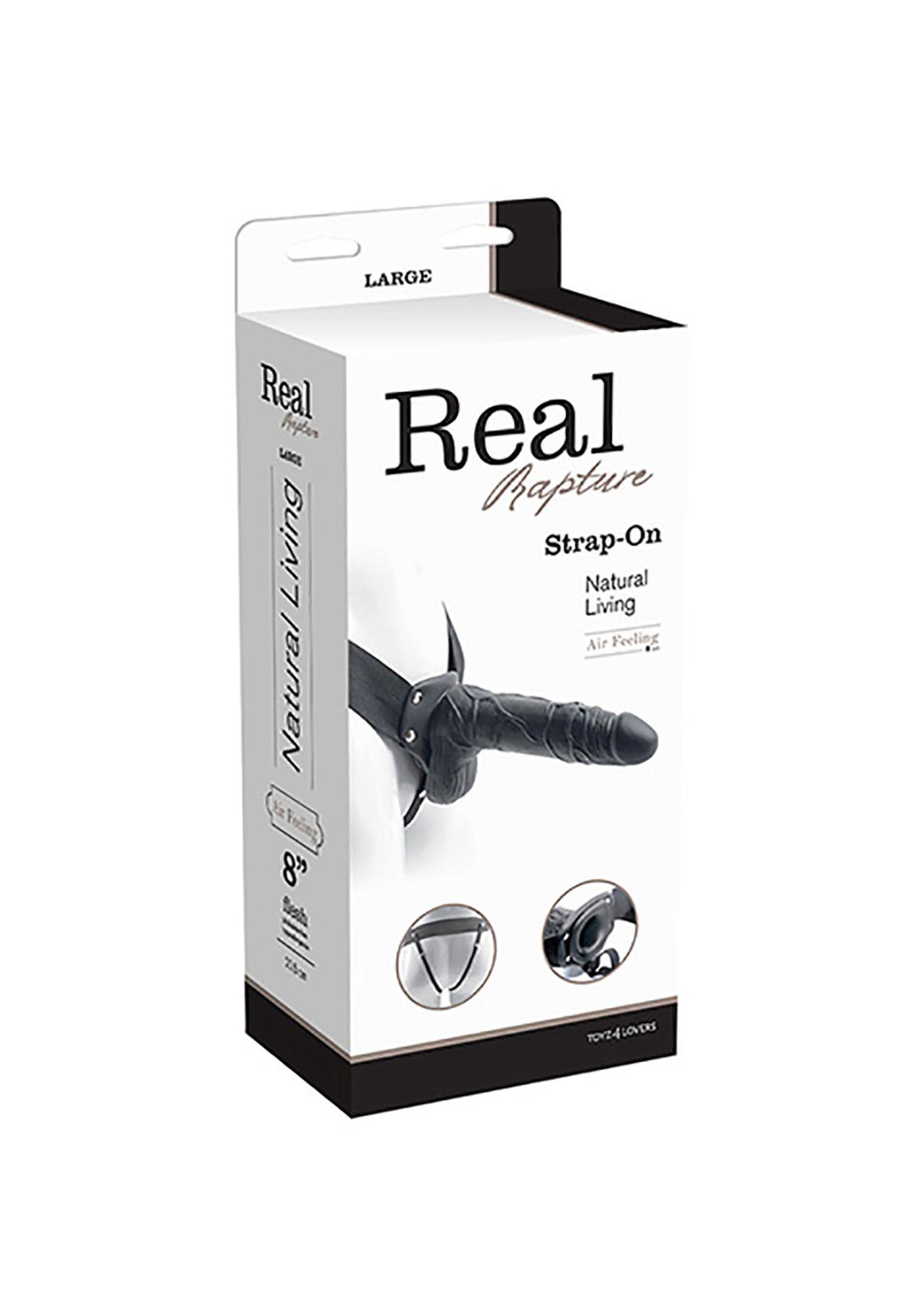 Strap-on diržas su dildo „Real Rapture“ 8" (juodas, su sėklidėmis)