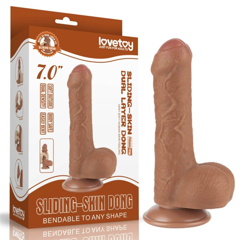 7" dvigubo sluoksnio dildo „Sliding Skin“ rudas