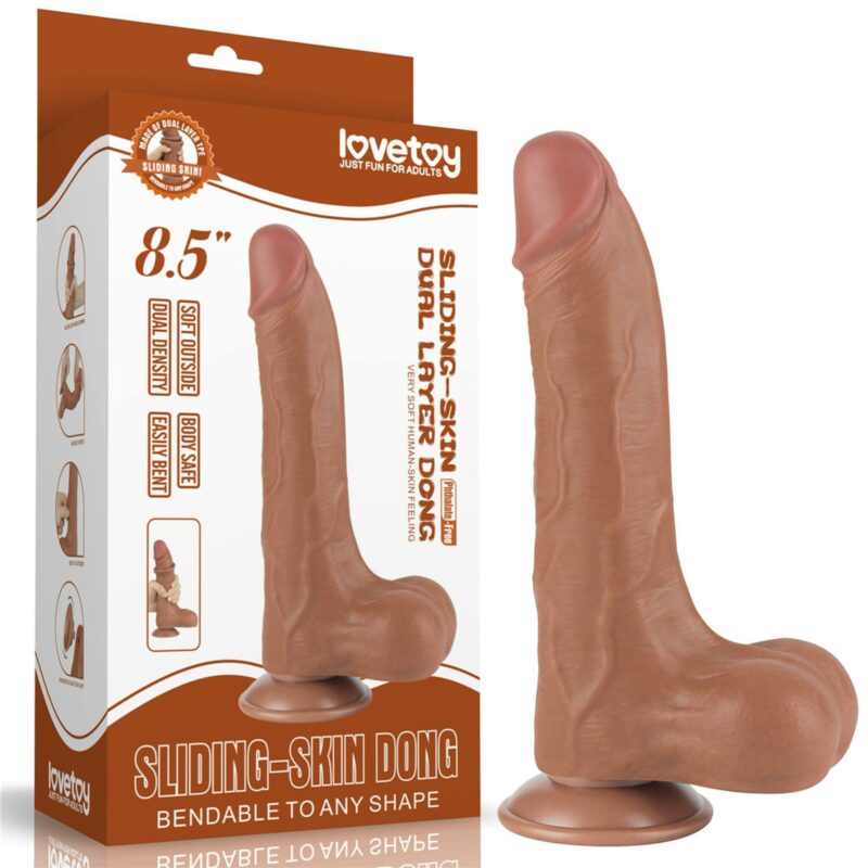 8,5" dvigubo sluoksnio dildo „Sliding Skin“ rudas (2)