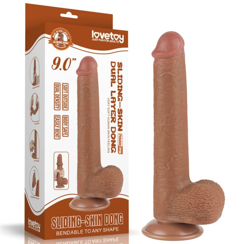 9" dvigubo sluoksnio dildo „Sliding Skin“ rudas