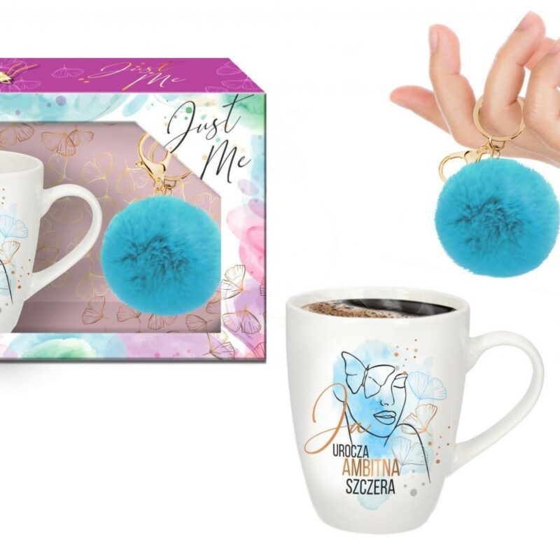 JUST ME puodelis 300 ml su mėlynu pomponu „Aš žavi, ambicinga, atvira“