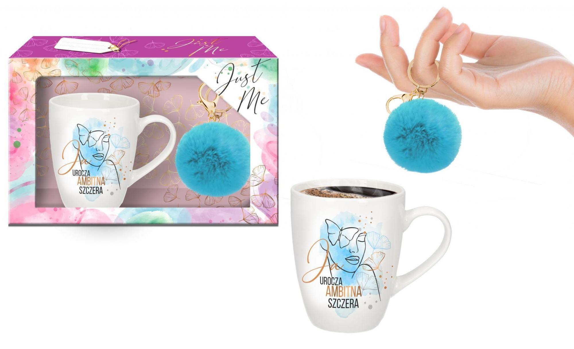 JUST ME puodelis 300 ml su mėlynu pomponu „Aš žavi, ambicinga, atvira“