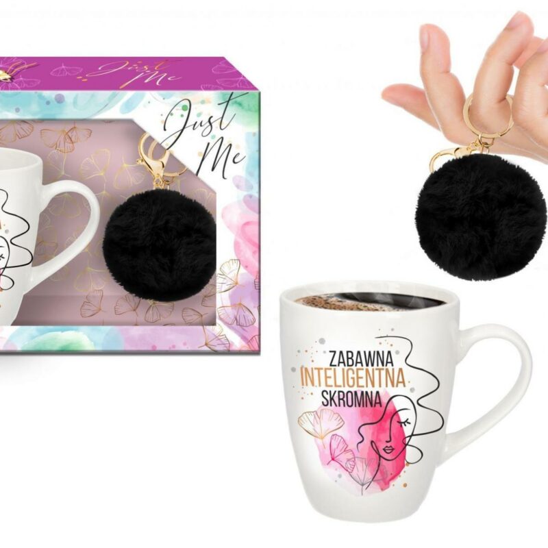 JUST ME puodelis 300 ml su juodu pomponu „Linksma, protinga, kukli“