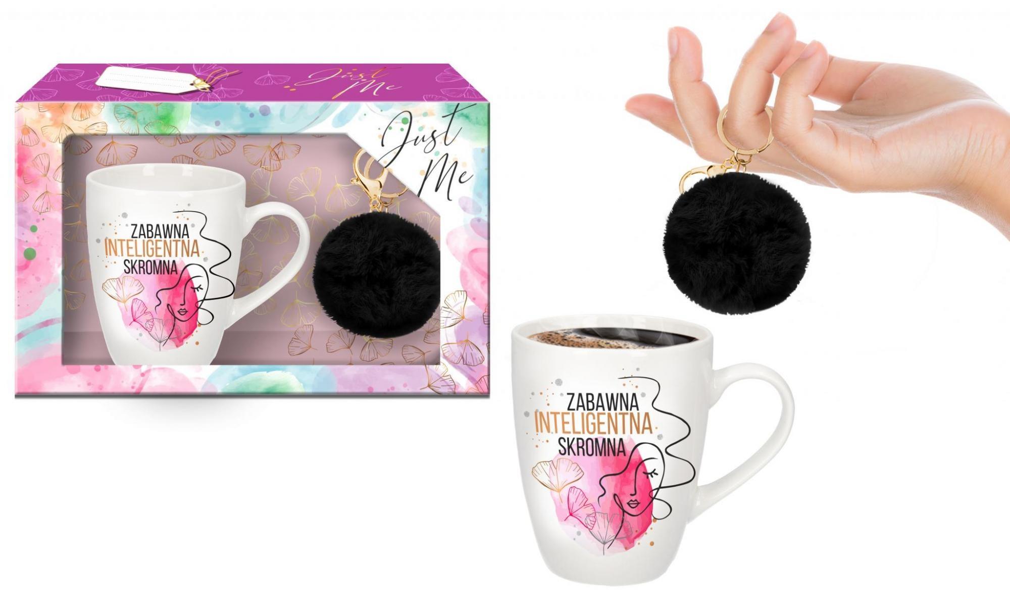 JUST ME puodelis 300 ml su juodu pomponu „Linksma, protinga, kukli“