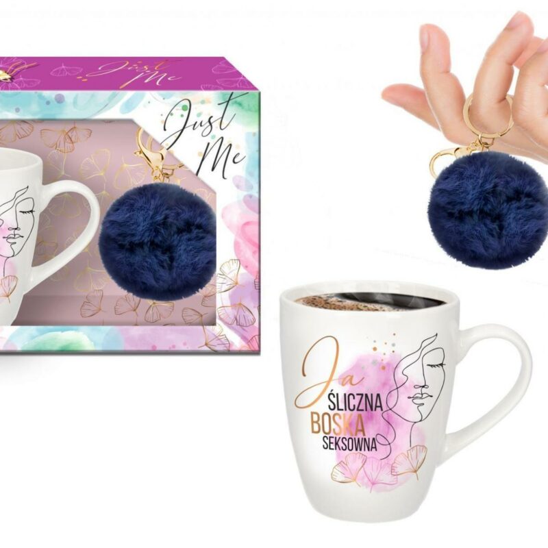 JUST ME puodelis 300 ml su tamsiai mėlynu pomponu „Aš graži, dieviška, seksuali“