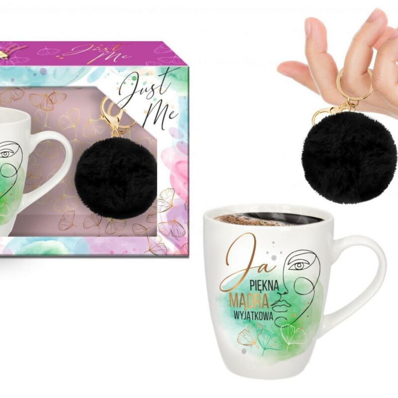 JUST ME puodelis 300 ml su juodu pomponu „Aš graži, protinga, ypatinga“