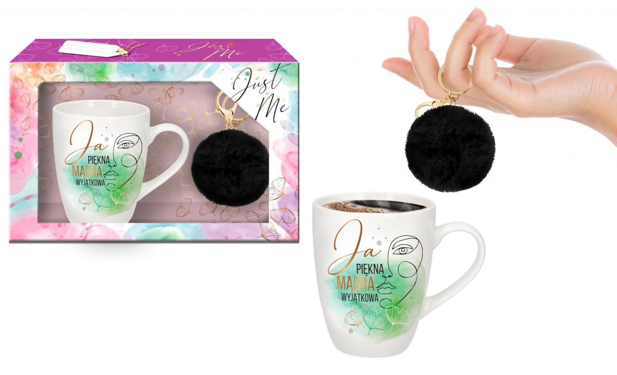 JUST ME puodelis 300 ml su juodu pomponu „Aš graži, protinga, ypatinga“