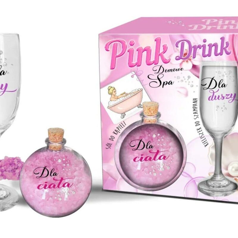 PINK DRINK rinkinys: šampano taurė ir vonios druskų kamuoliukas