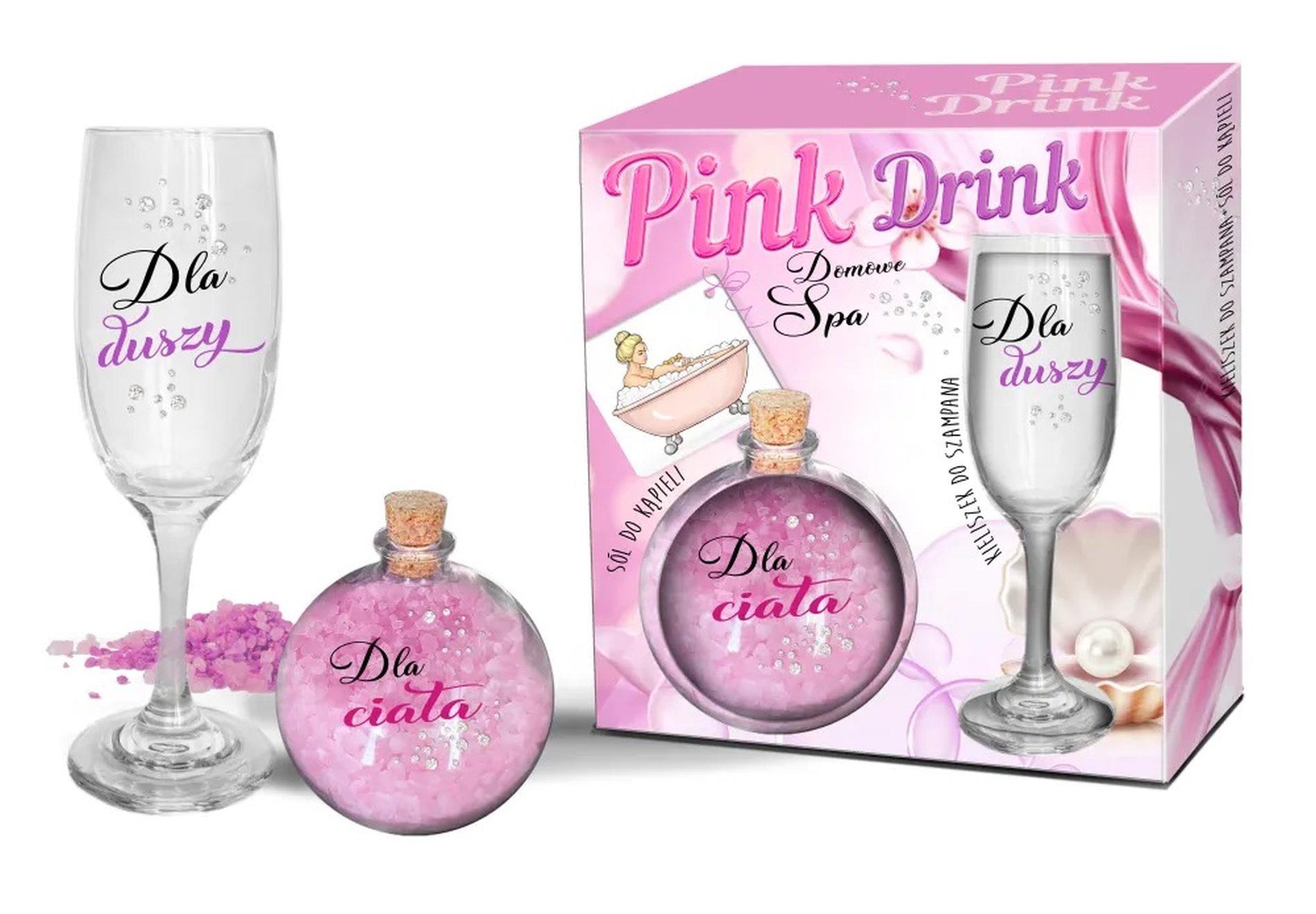 PINK DRINK rinkinys: šampano taurė ir vonios druskų kamuoliukas