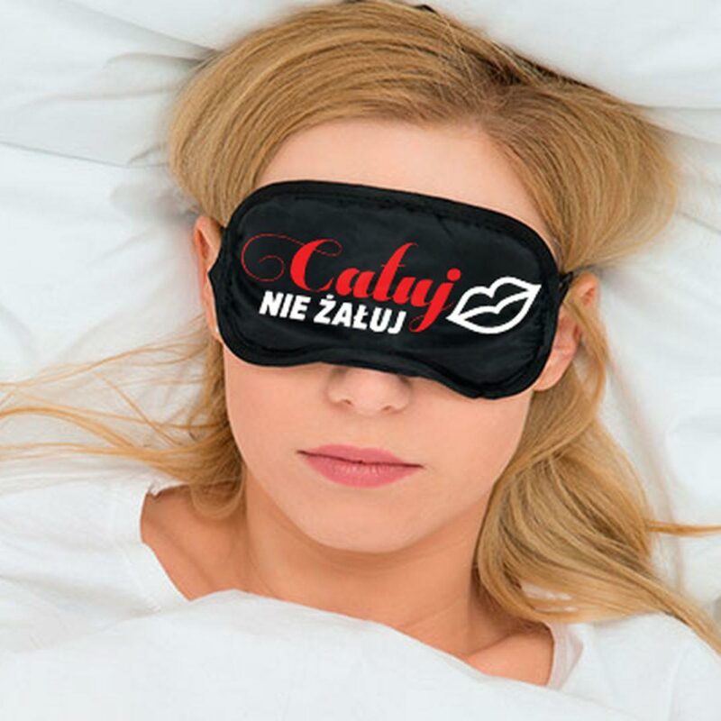 Miego kaukė akims su užrašu „BUČIUOK IR NEGAILĖK“