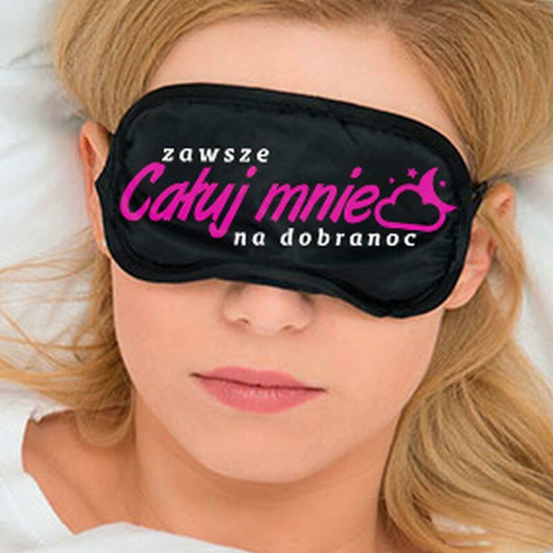 Miego kaukė akims su užrašu „VISADA PABUČIUOK PRIEŠ MIEGĄ“
