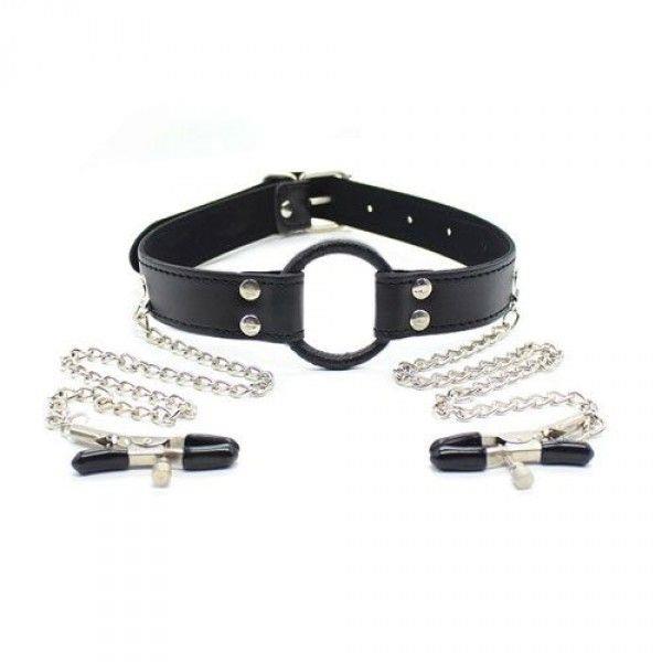 Stymulator-Ring Gag + Nipples Clamps (black) – spenelių spaustukai