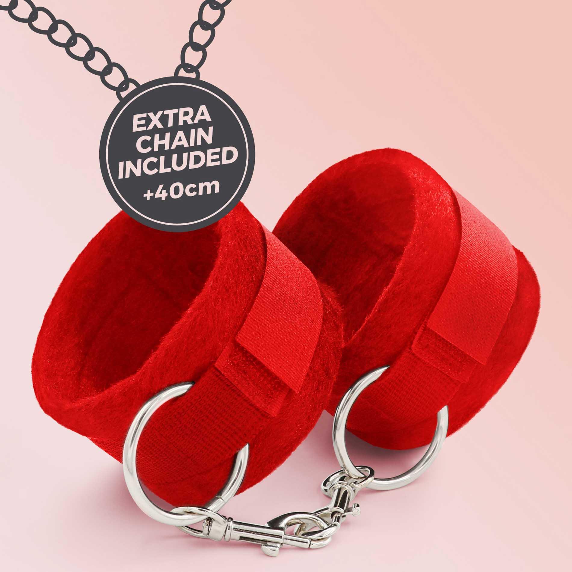 TOUGH LOVE VELCRO HANDCUFFS WITH EXTRA 40CM CHAIN CRUSHIOUS RED – BDSM suvaržymai - Image 2