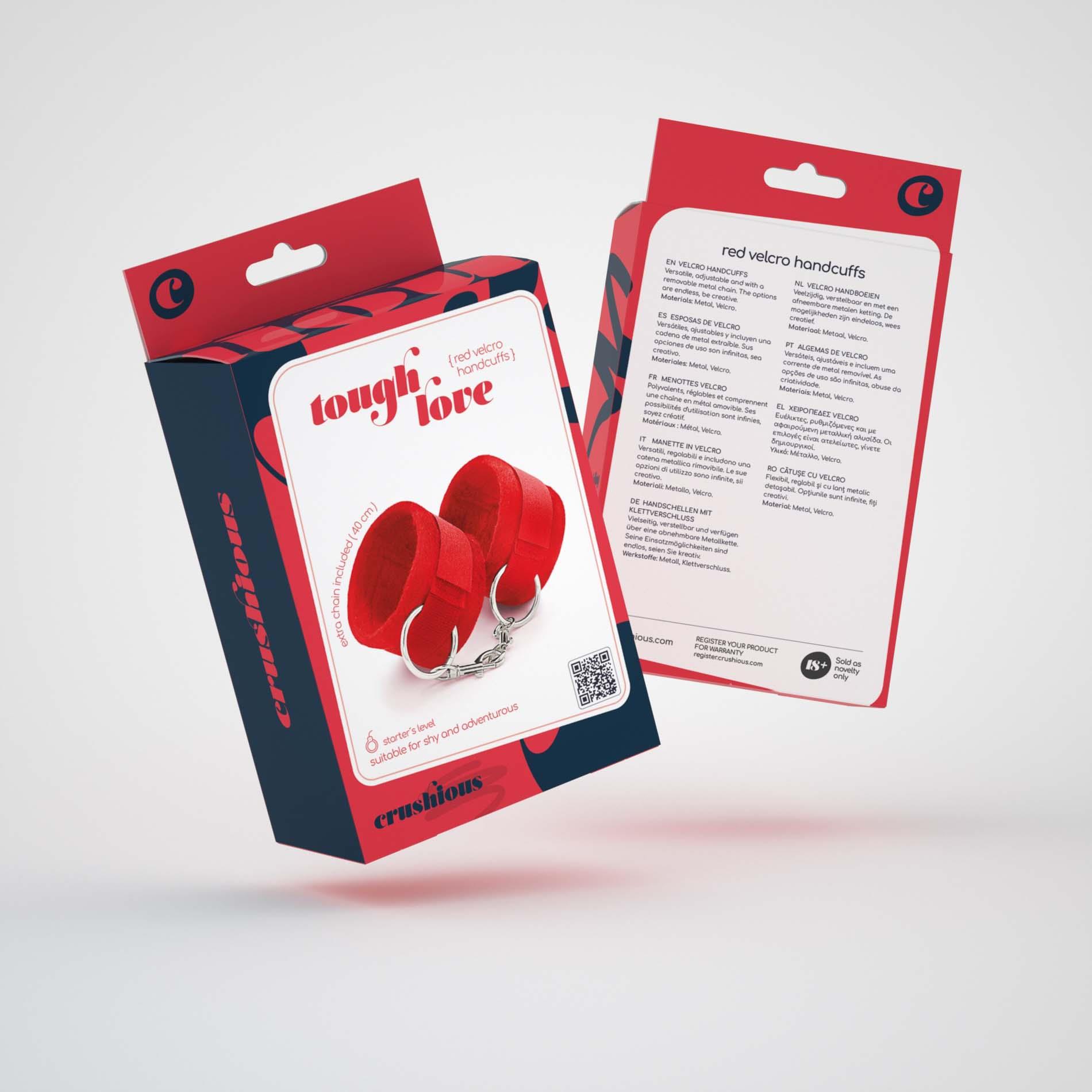 TOUGH LOVE VELCRO HANDCUFFS WITH EXTRA 40CM CHAIN CRUSHIOUS RED – BDSM suvaržymai - Image 6