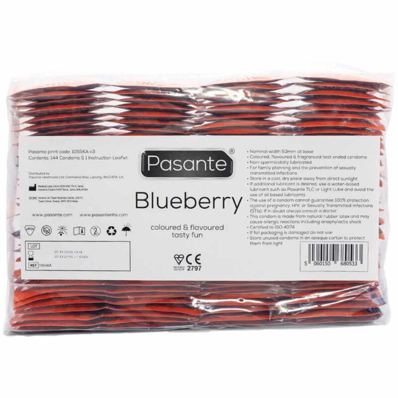 Pasante Blueberry Blast mėlynių skonio prezervatyvai (144 vnt.)