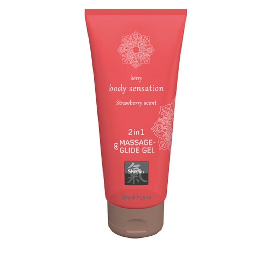 Shiatsu 2in1 – masažo aliejus ir lubrikantas (braškių skonio, 200 ml)