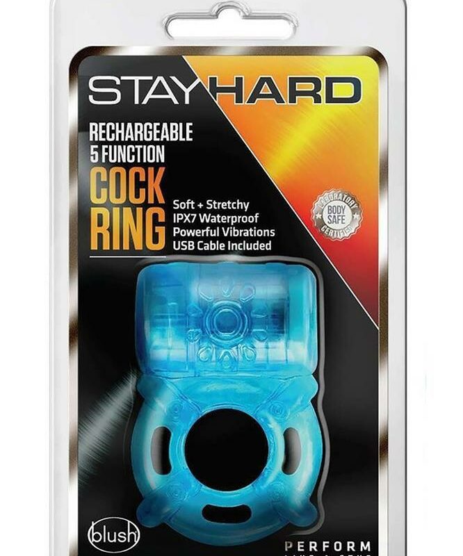 Stay Hard – 5 funkcijų erekcijos žiedas (mėlynas)