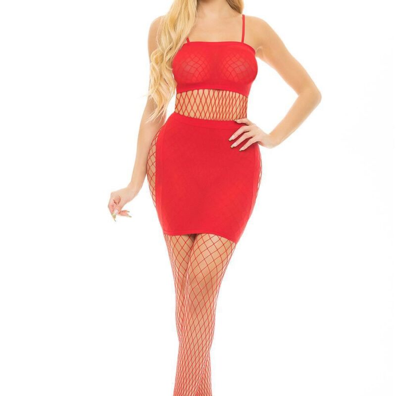Set The Tone 3Pc Fishnet Set Red – raudonas apatinio trikotažo komplektas (vienas dydis)