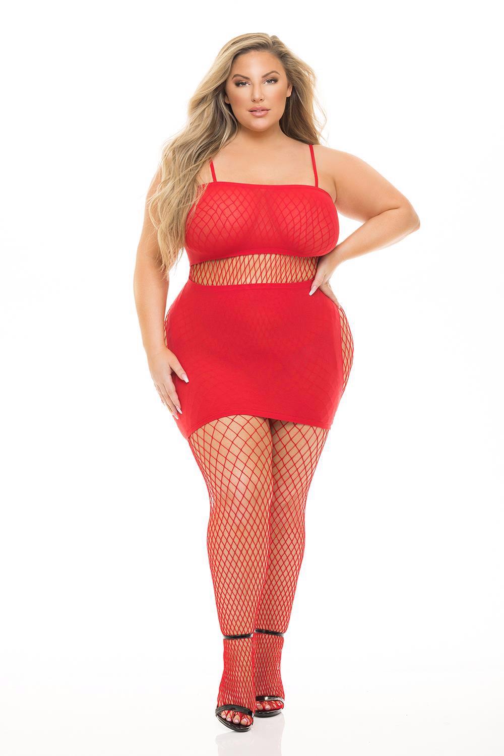 Set The Tone 3Pc Fishnet Set Red – raudonas apatinio trikotažo komplektas (plius dydis)