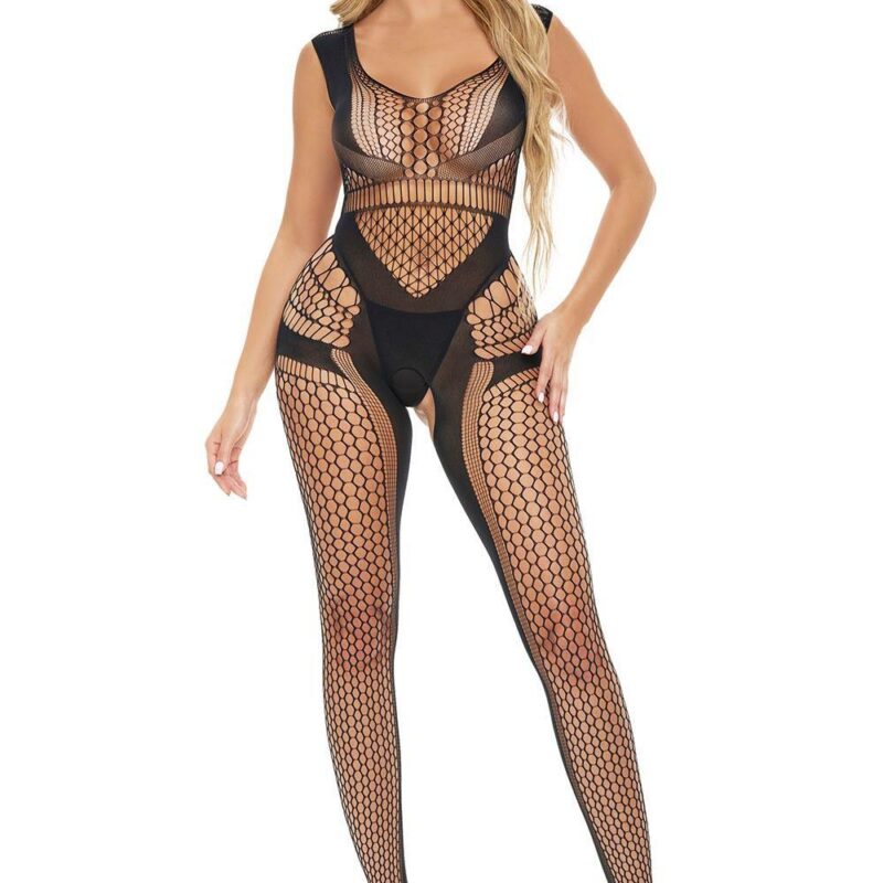 Catch Feelings Crotchless Bodystocking Black – juodas erotiškas atviras bodistokingas (kūno kojinė) (vienas dydis)