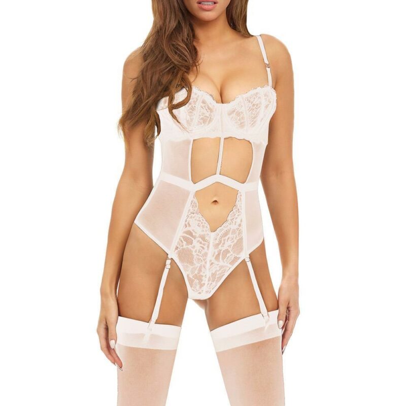 Bombshell Boudoir Strap Overlay Teddy White – baltas gundantis glaustinukas (bodis) (L dydis)