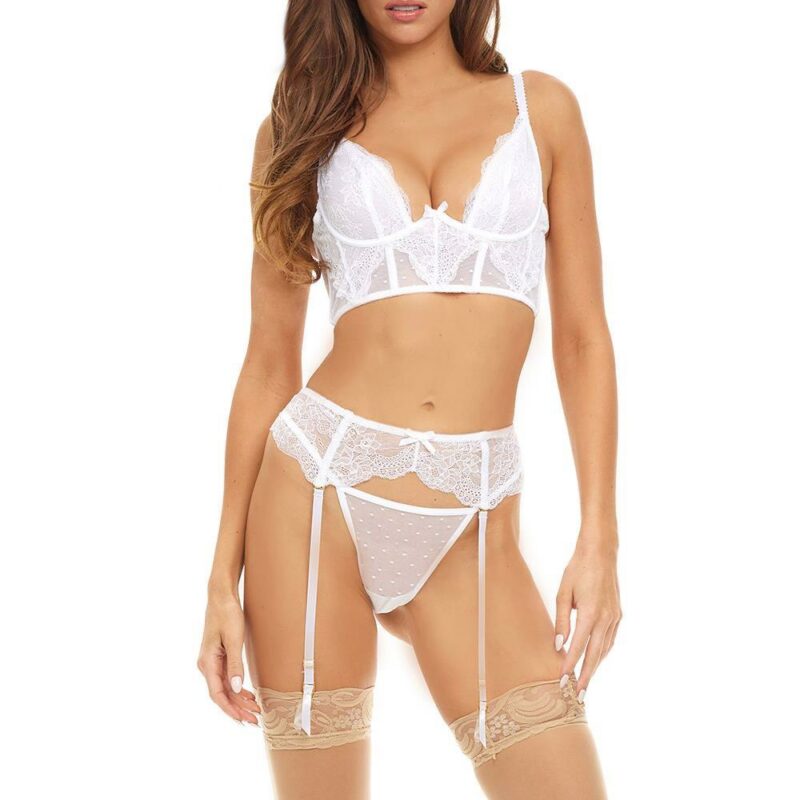 Bombshell Boudoir Peek A Boo Wire 3 Pc Set Wht – baltas apatinio trikotažo komplektas (L dydis)