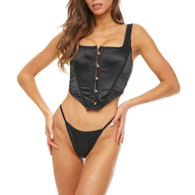 Bombshell Boudoir Hook Up Front Corset Set Black – juodas prabangus korsetas (M dydis)