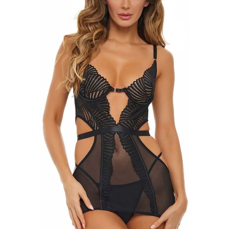 Bad Behavior 2 Pcs Chemise Set Black – juodas erotiški naktinukai (M/L dydis)