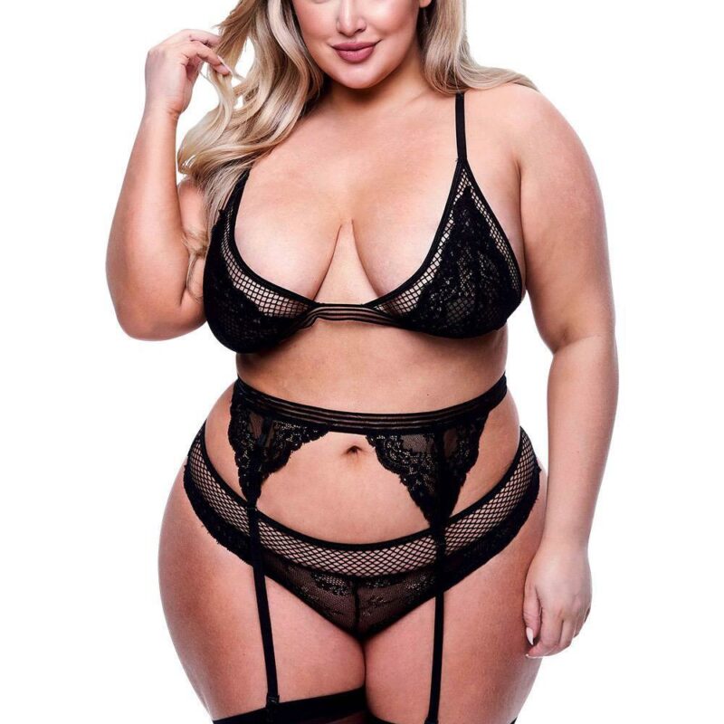 Baci 3Pc Lace & Mesh Bra – juodas apatinio trikotažo komplektas (plius dydis)