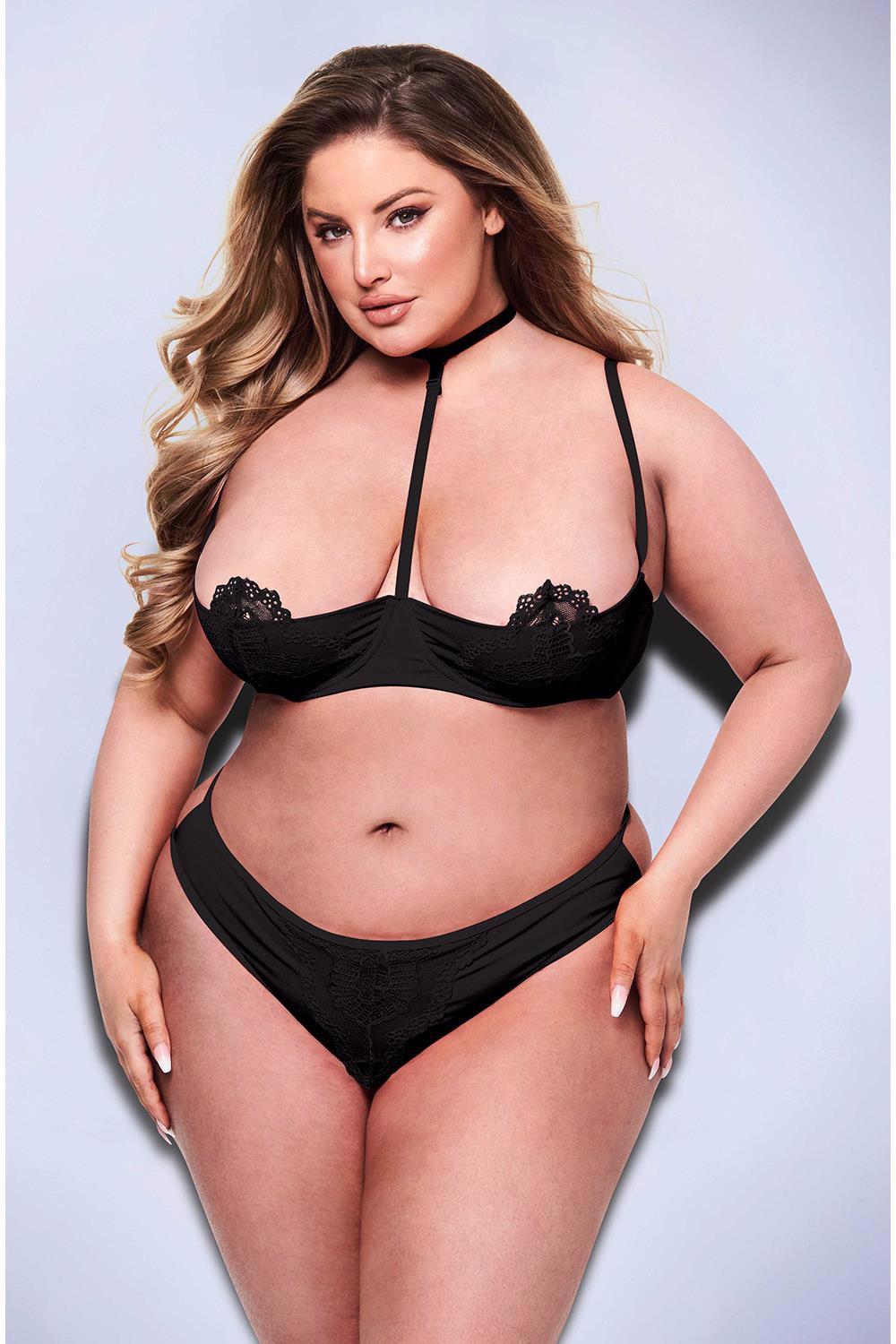 Baci 2Pc Sexy Quarter Cup Bra & Gstring Set Black – juodas apatinio trikotažo komplektas (plius dydis) - Image 2