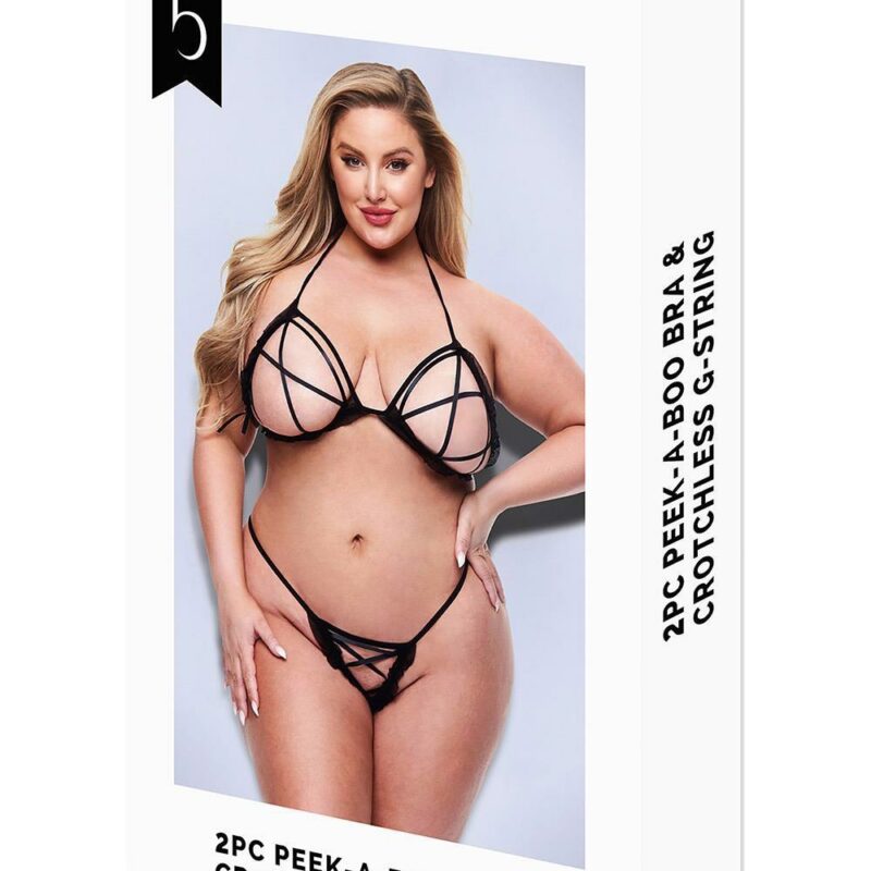 Baci 2 Pcs Peek-A-Boo Bra & Crotchless G-String Set Black  – juodas apatinio trikotažo komplektas (plius dydis)
