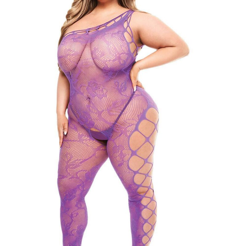 Baci Off The Shoulder Bodystocking Purple – purpurinis erotiškas bodistokingas (kūno kojinė) (plius dydis)