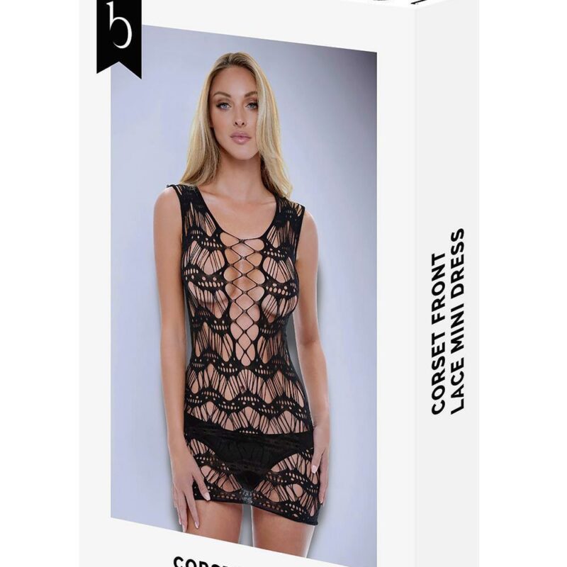 Baci Corset Front Lace Mini Dress Black – juodas erotiška suknelė (vienas dydis)