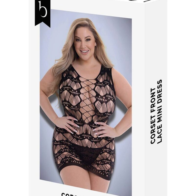 Baci Corset Front Lace Mini Dress Black – juodas erotiška suknelė (plius dydis)