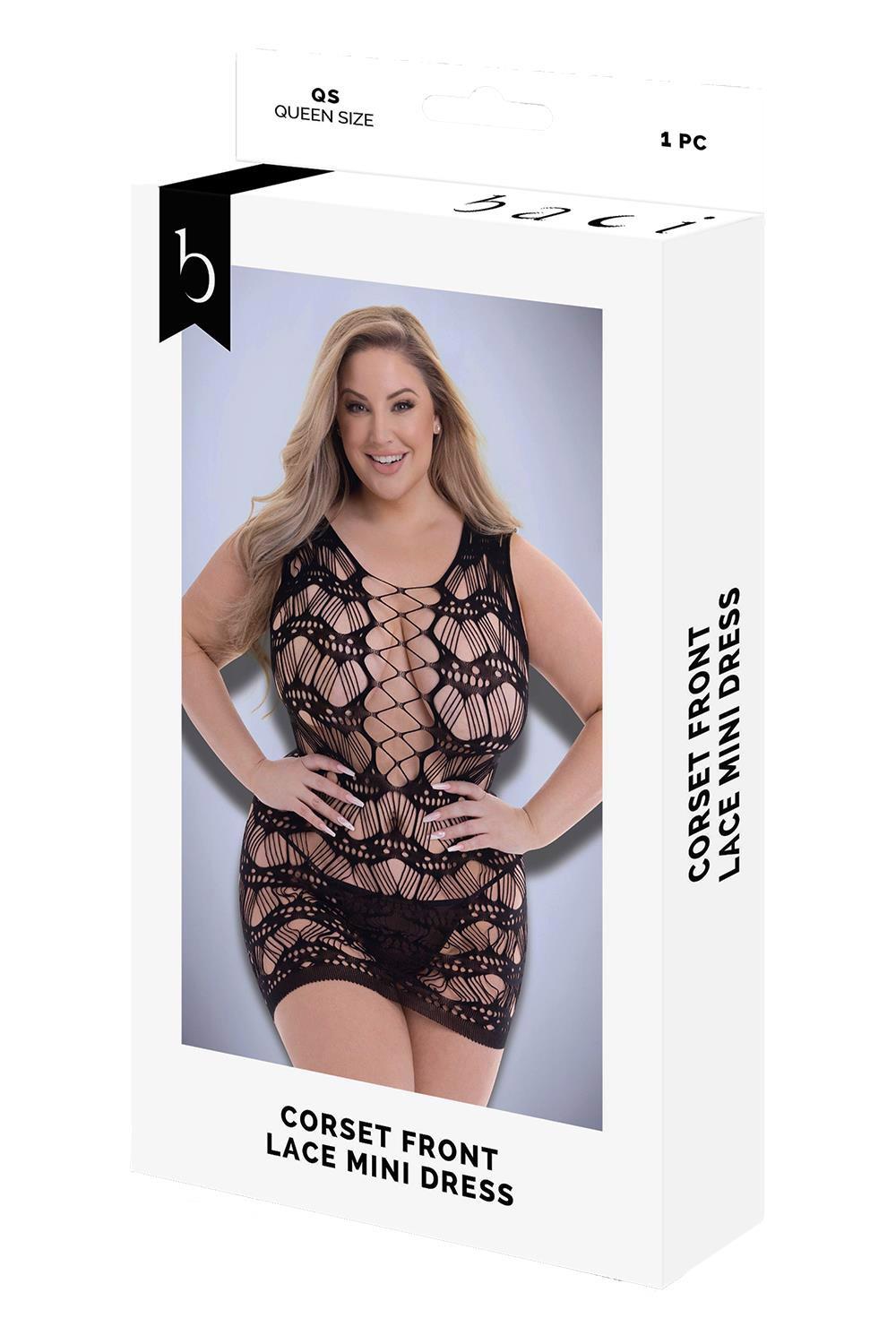 Baci Corset Front Lace Mini Dress Black – juodas erotiška suknelė (plius dydis)