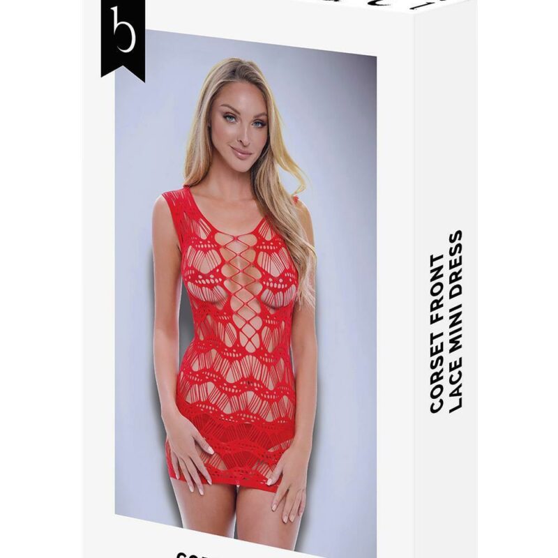 Baci Corset Front Lace Mini Dress Red – raudonas erotiška suknelė (vienas dydis)