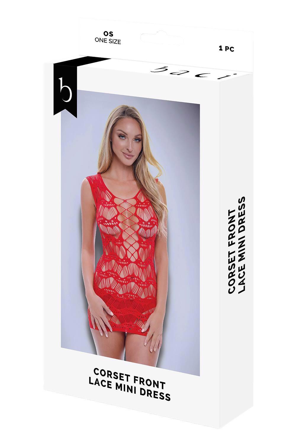 Baci Corset Front Lace Mini Dress Red – raudonas erotiška suknelė (vienas dydis)