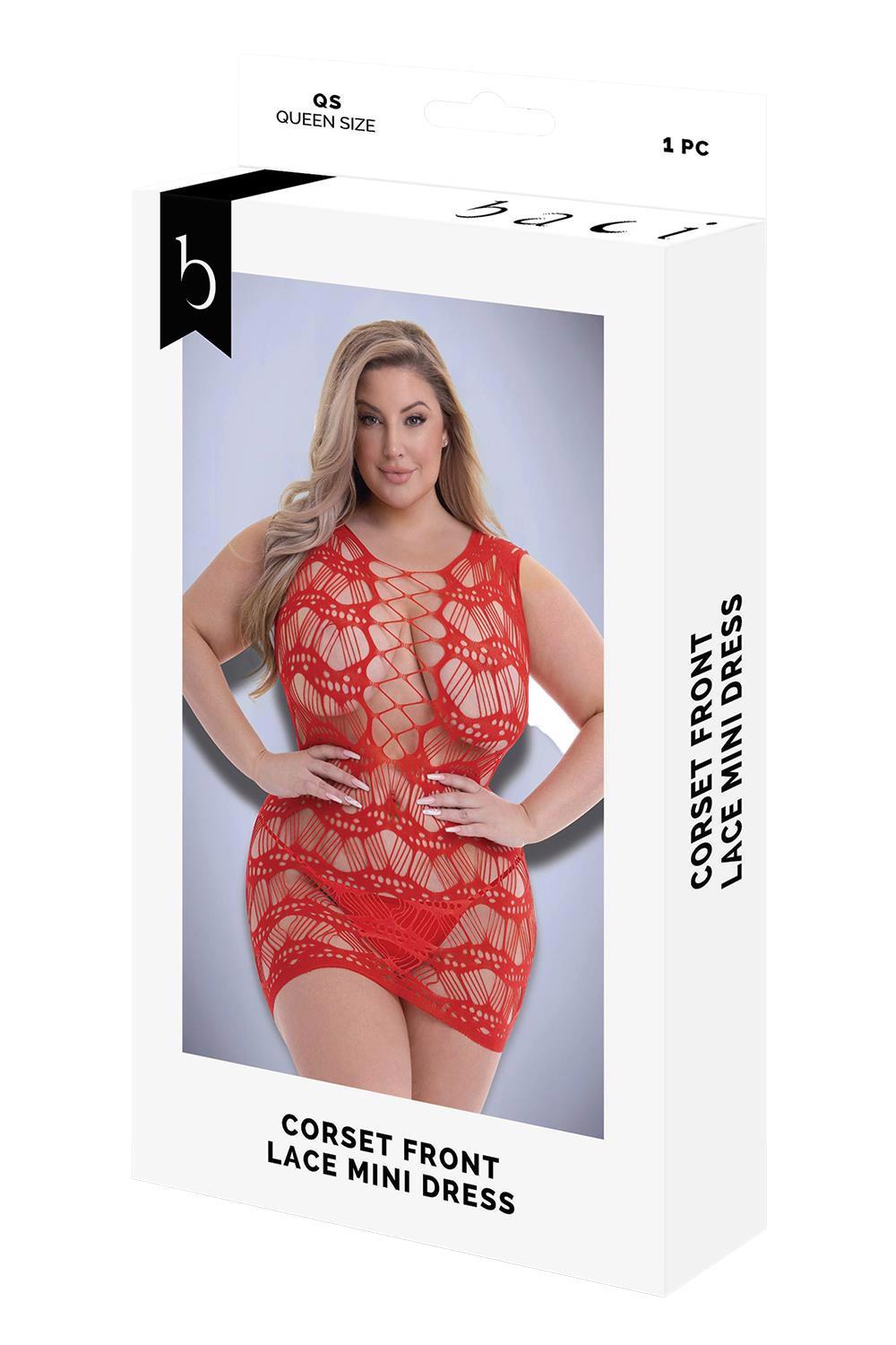 Baci Corset Front Lace Mini Dress Red – raudonas erotiška suknelė (plius dydis)