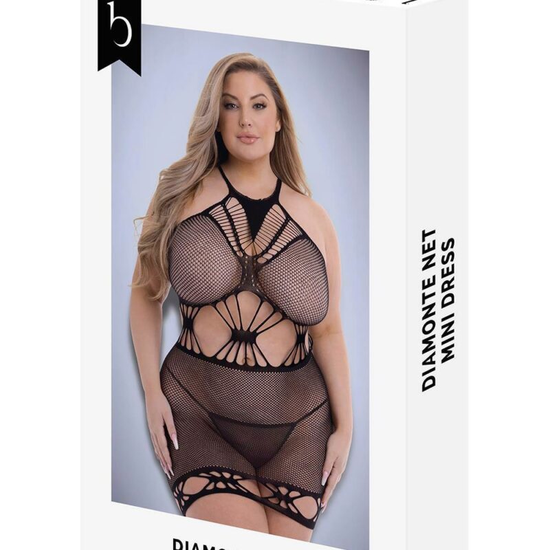 Baci Diamonte Net Mini Dress Black – juodas erotiška suknelė (plius dydis)