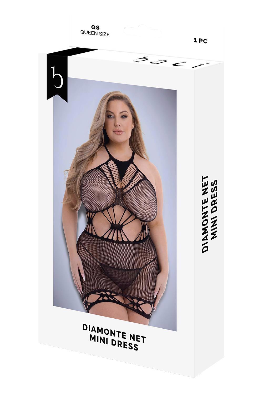 Baci Diamonte Net Mini Dress Black – juodas erotiška suknelė (plius dydis)