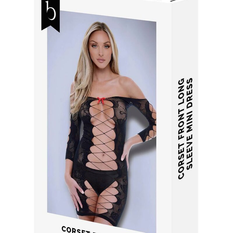 Baci Corset Front Long Sleeve Mini Dress Black – juodas erotiška suknelė (vienas dydis)