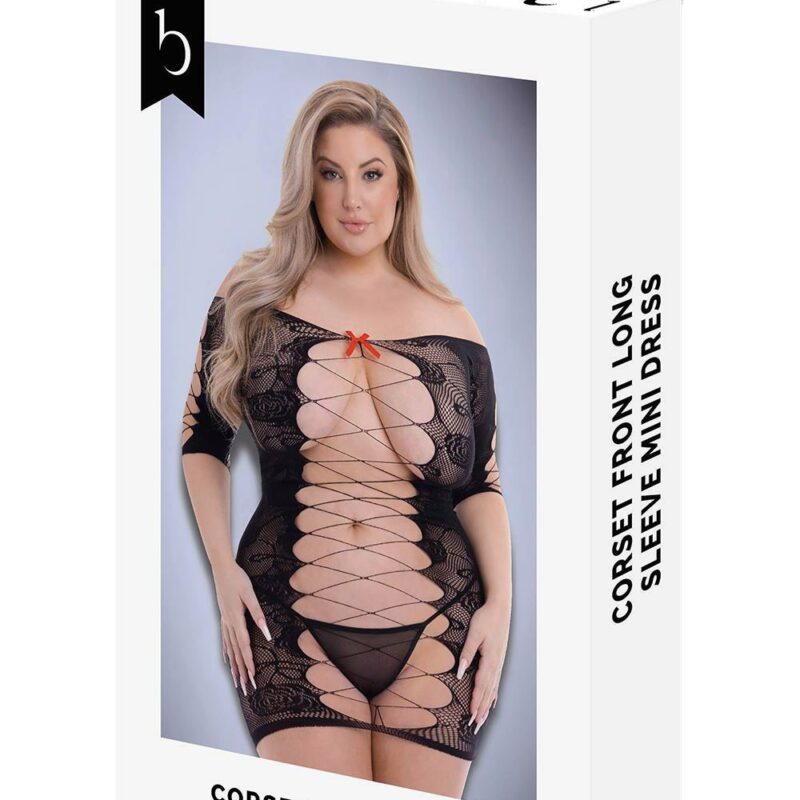 Baci Corset Front Long Sleeve Mini Dress Black – juodas erotiška suknelė (plius dydis)