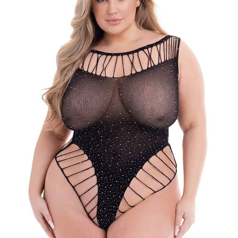 Baci Diamonte Bodysuit Black – juodas gundantis glaustinukas (bodis) (plius dydis)