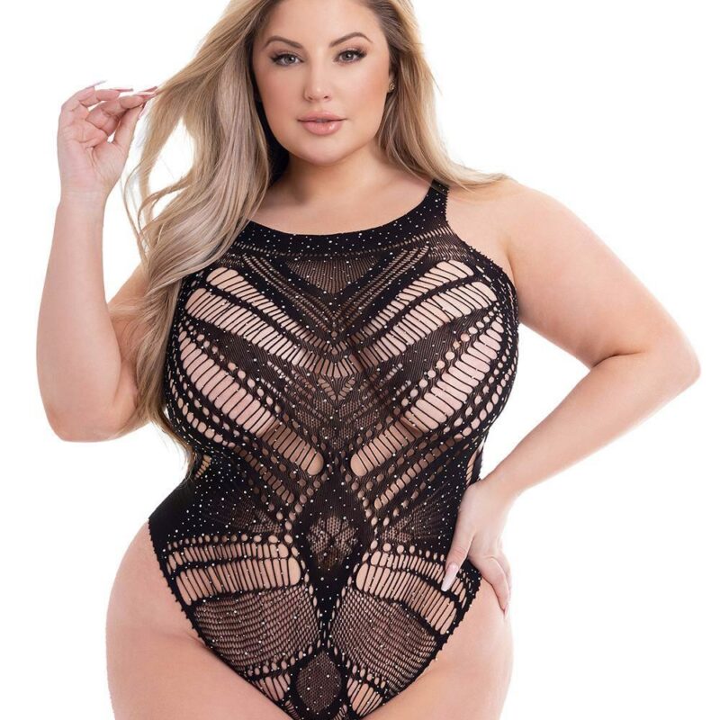 Baci Diamonte Bodysuit Black – juodas gundantis glaustinukas (bodis) (plius dydis)