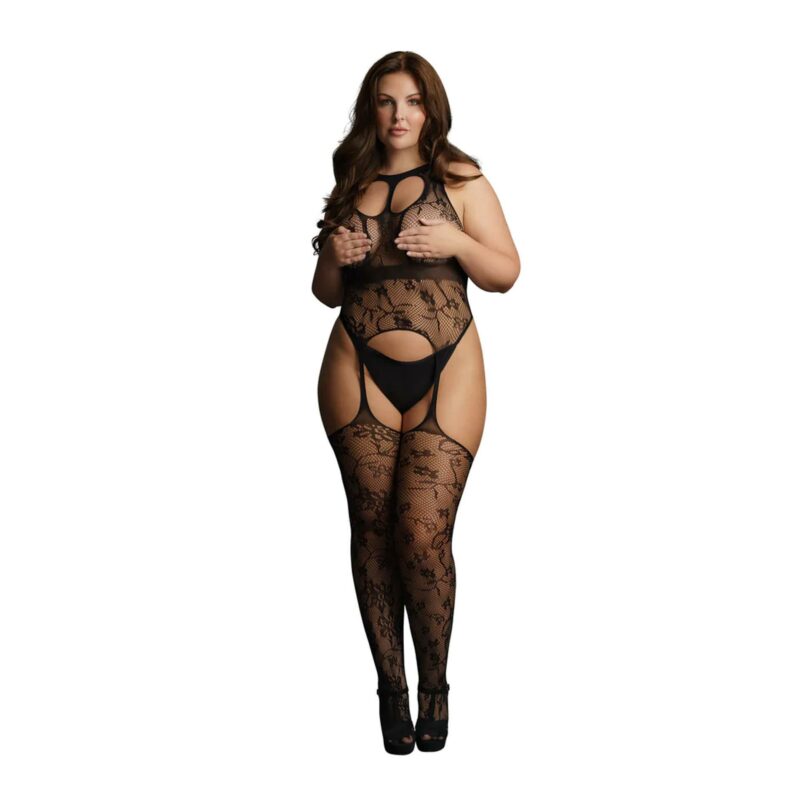 Lace Suspender Bodystocking With Round Neck – nėriniuotas erotiškas bodistokingas (kūno kojinė) (plius dydis)