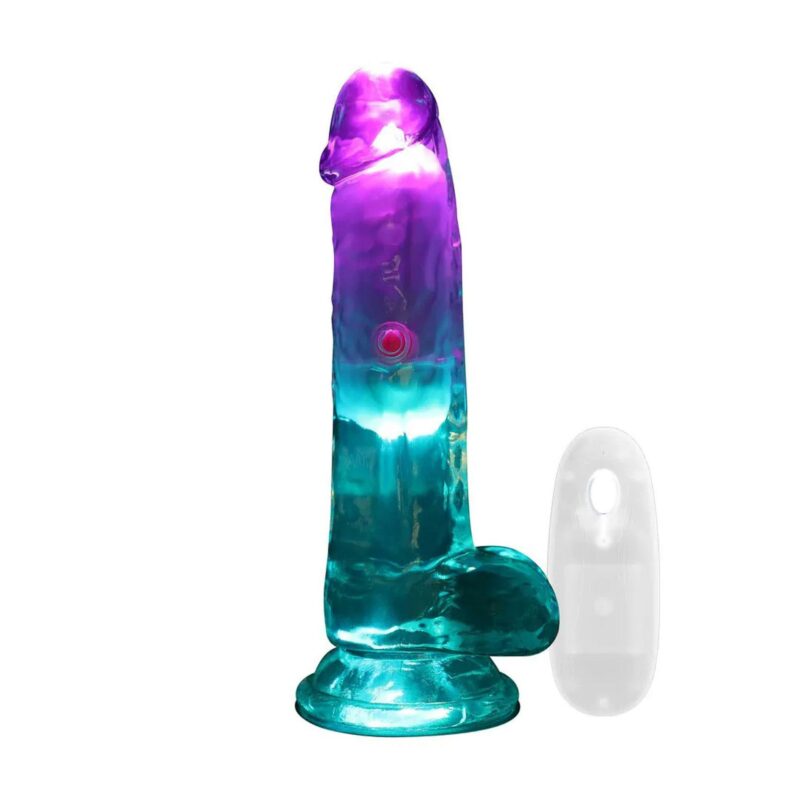 RealRock – vibruojantis šviečiantis (LED) tiesus realistinis dildo su sėklidėmis (skaidrus)